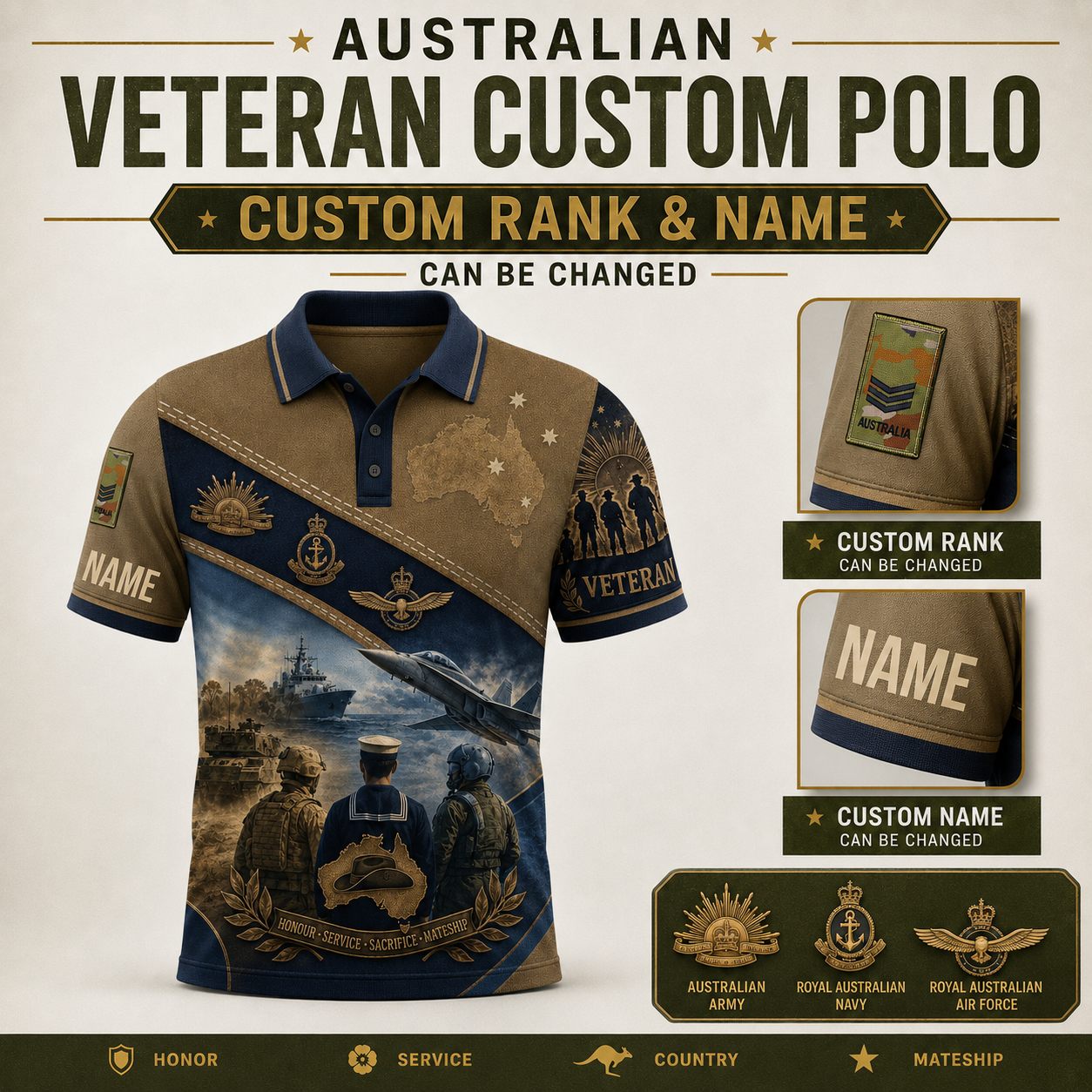 Personalized Australia Soldier/Veteran with Name and Rank Polo All Over Printed - QK1779753603