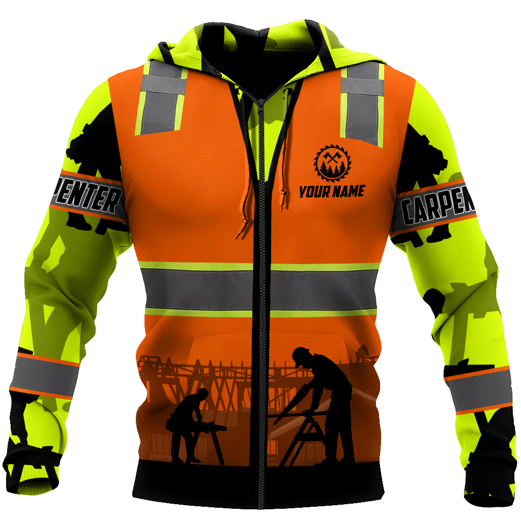 Personalized carpenter zip hoodie featuring orange vest print and workshop scene all-over print
