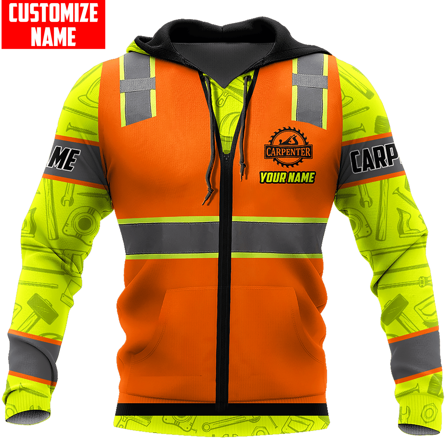 Personalized carpenter hoodie featuring orange zip vest print and yellow sleeves all-over print