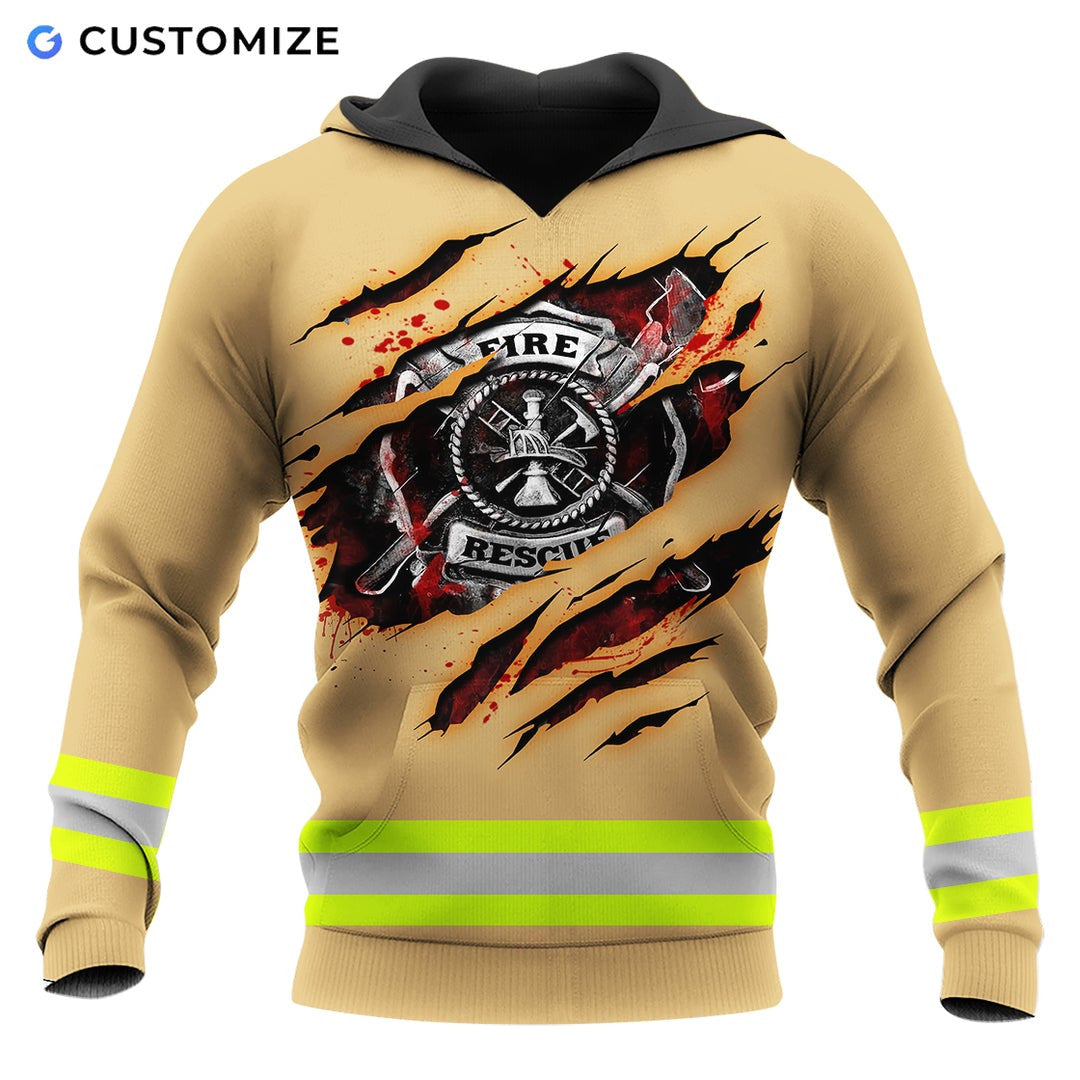 Personalized firefighter hoodie featuring yellow stripe fire rescue print all-over print