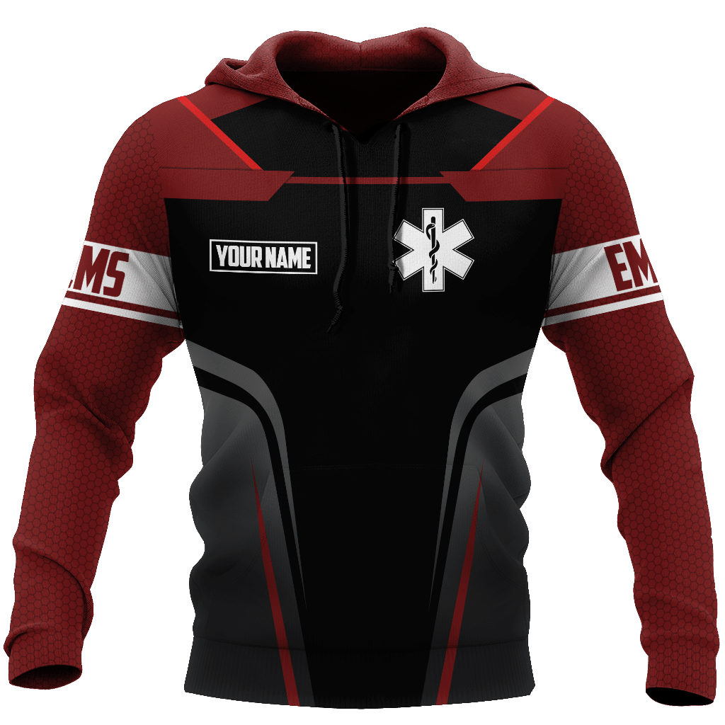 Personalized EMS paramedic hoodie featuring red and black ems emblem all-over print