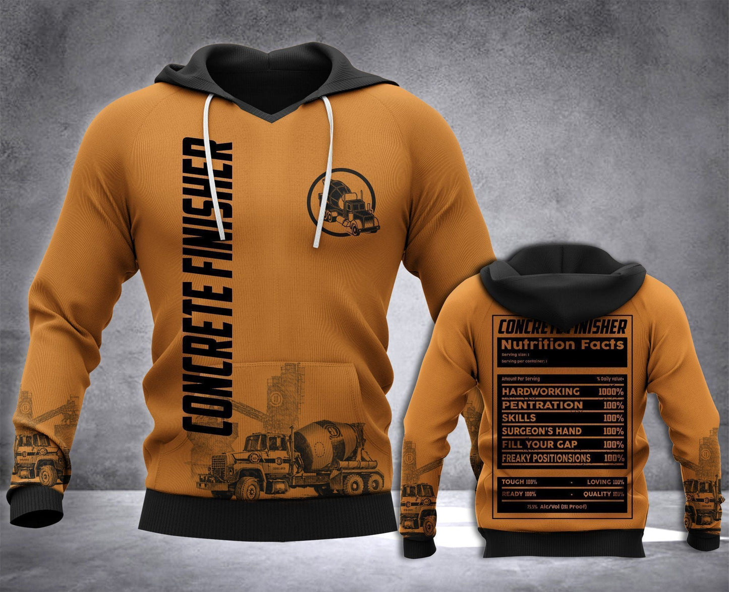 Concrete finisher hoodie featuring ochre concrete mixer illustration all-over print