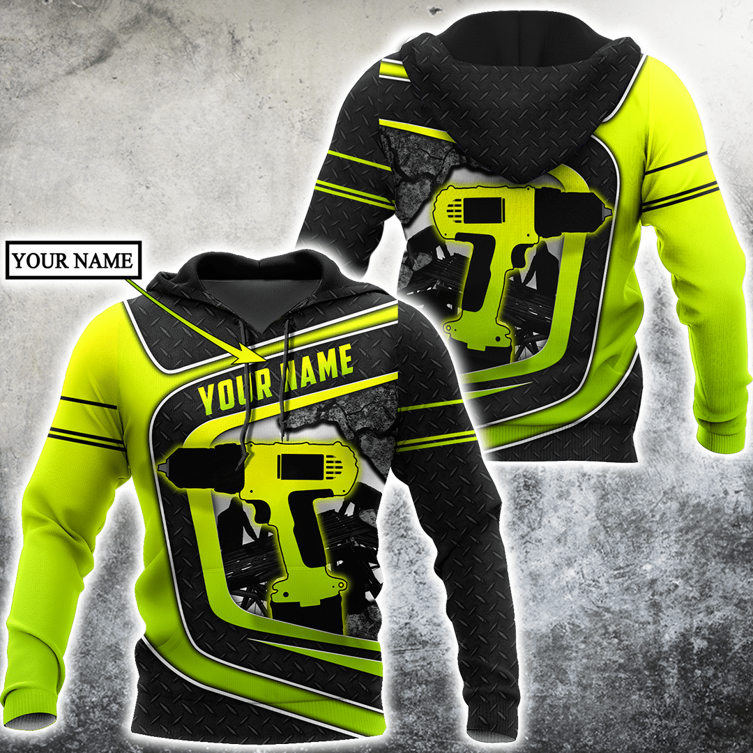 Personalized roofer hoodie featuring neon yellow drill and roof frame all-over print