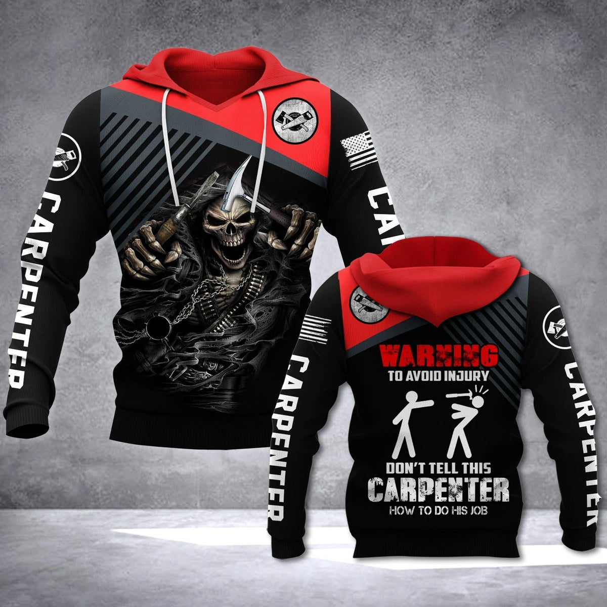 Personalized carpenter hoodie featuring red black hooded skull all-over print