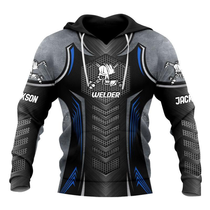 Personalized welder hoodie featuring black blue welding armour print all-over print