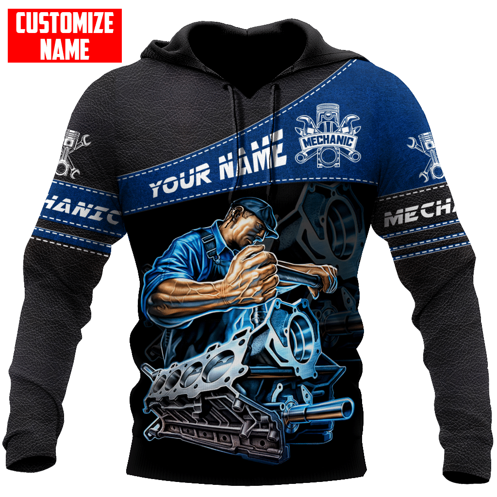Personalized mechanic hoodie featuring blue engine repair illustration all-over print