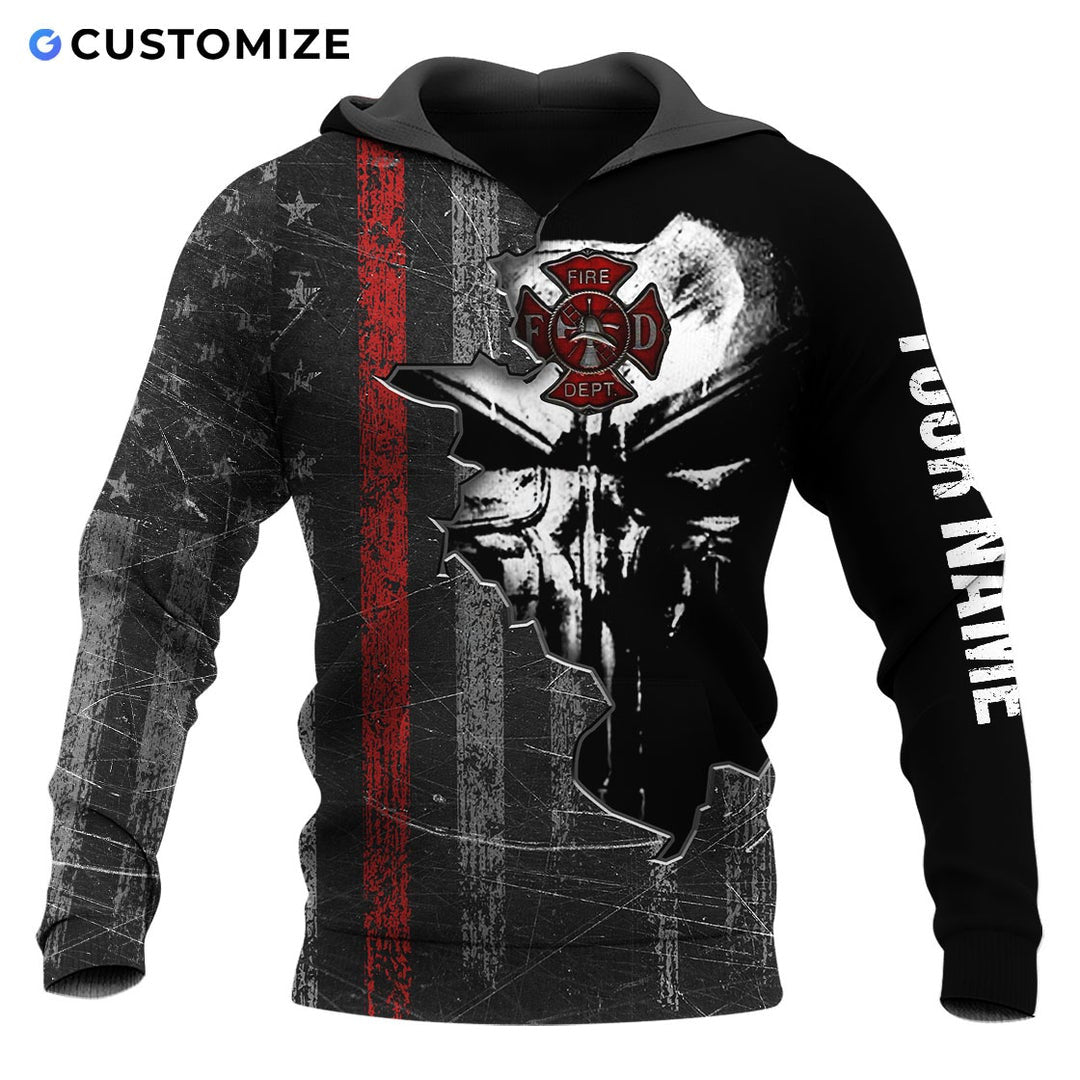 Personalized firefighter hoodie featuring black skull thin red line all-over print