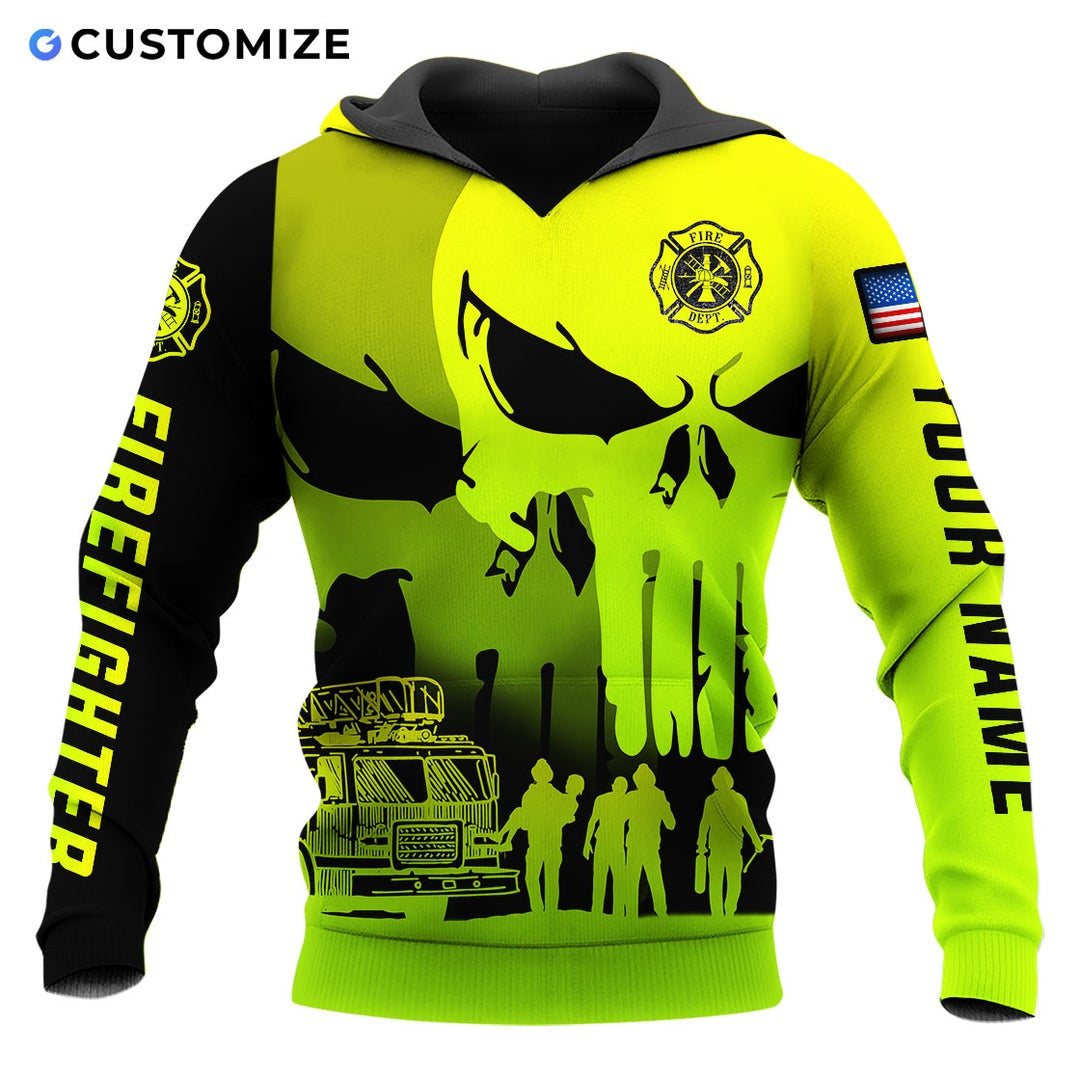 Personalized firefighter hoodie featuring neon yellow skull print all-over print