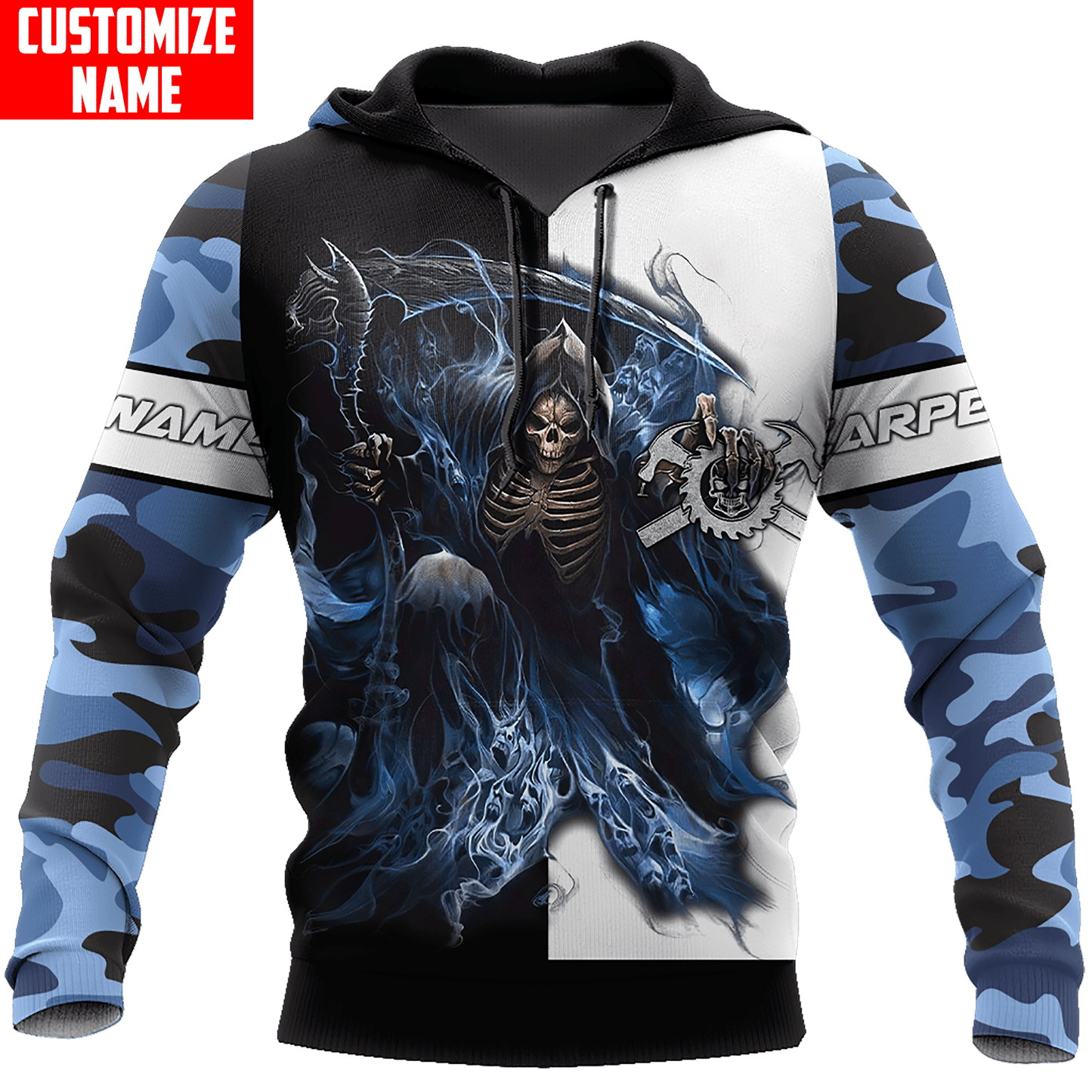 Personalized carpenter hoodie featuring blue camouflage grim reaper all-over print