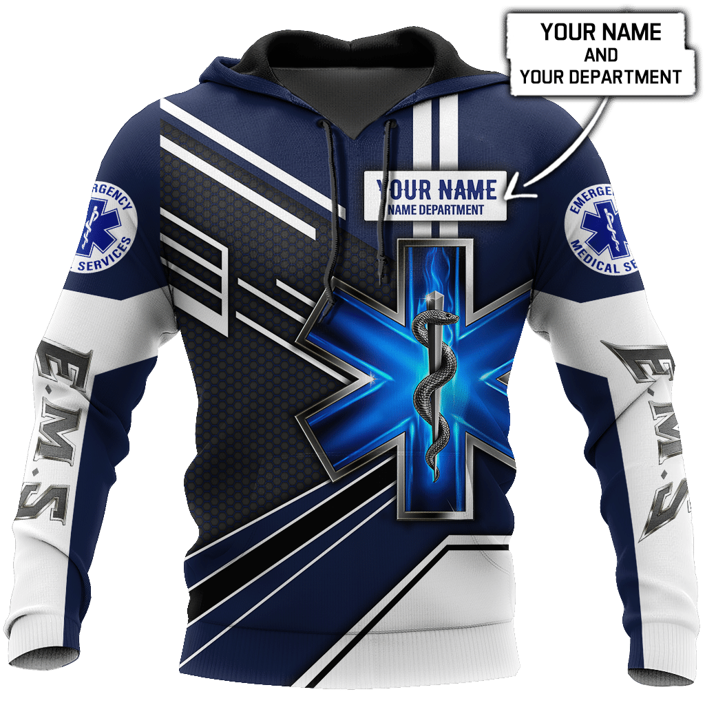 Personalized EMS paramedic hoodie featuring navy and white ems emblem all-over print