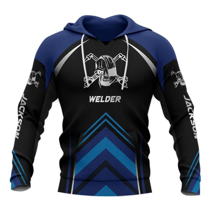 Personalized welder hoodie featuring blue chevron welding helmet badge all-over print