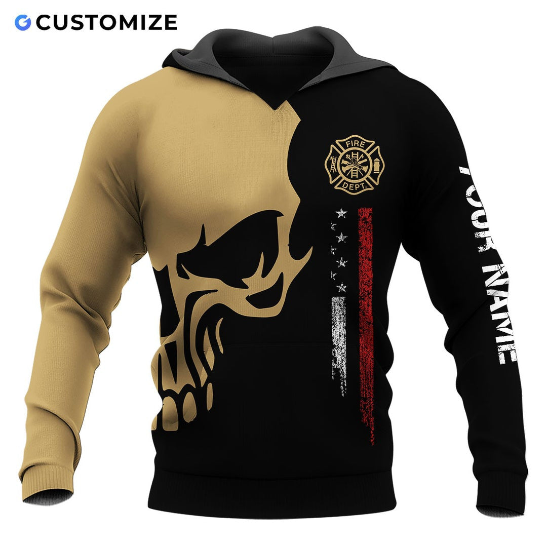 Personalized firefighter hoodie featuring tan and black skull flag all-over print