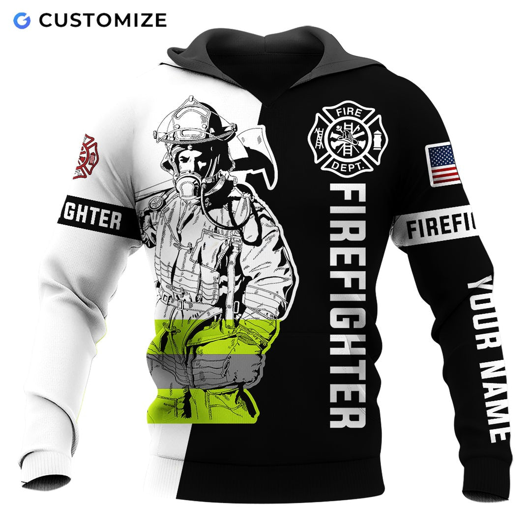 Personalized firefighter hoodie featuring black and white firefighter all-over print