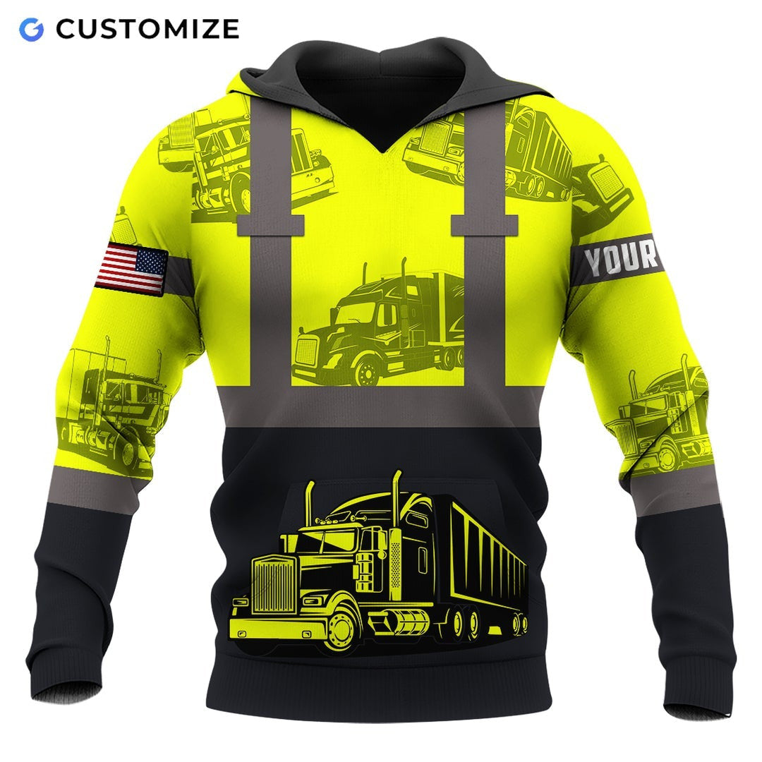 Personalized trucker hoodie featuring yellow black semi truck panels all-over print