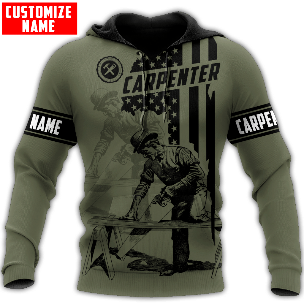 Personalized carpenter hoodie featuring olive green american flag carpenter all-over print