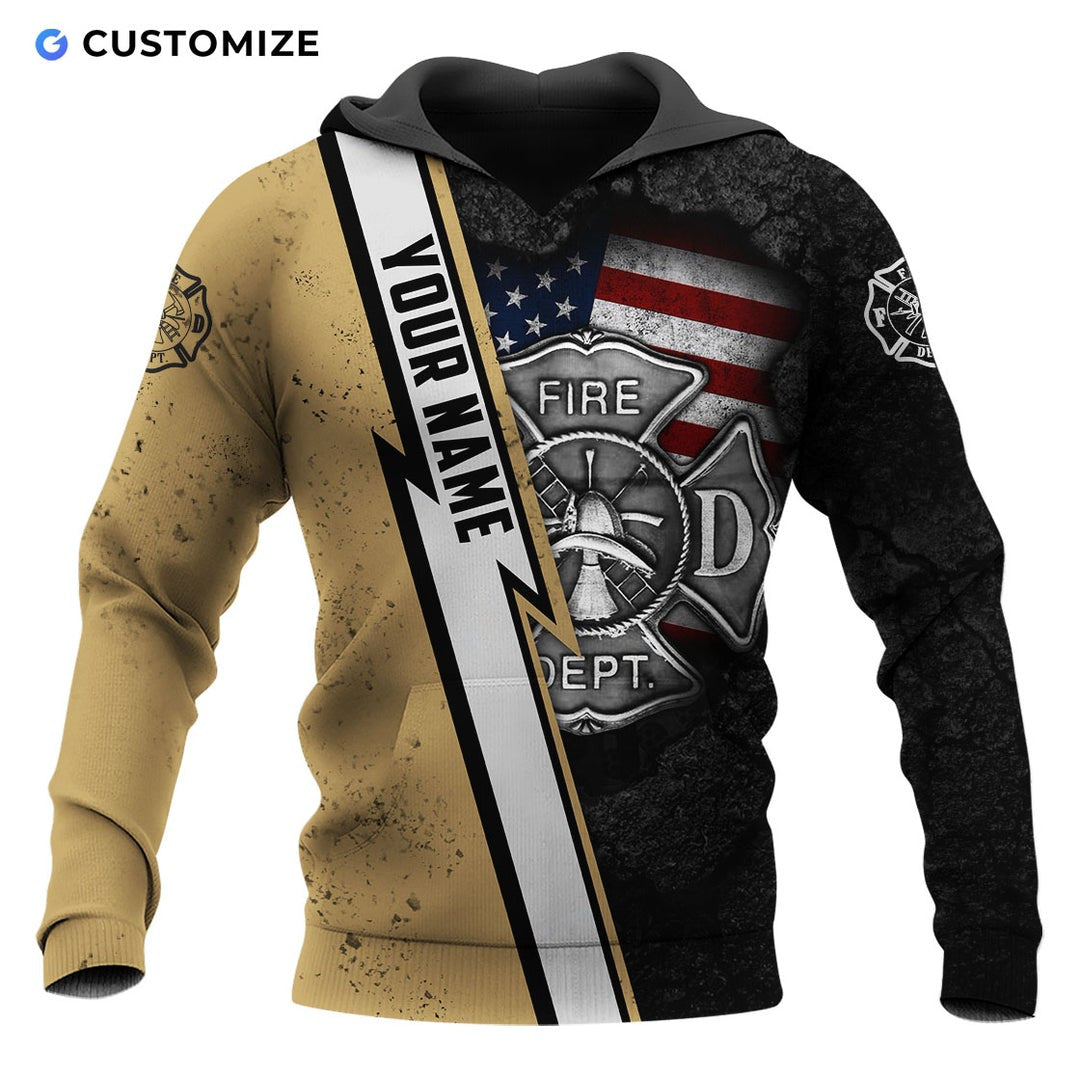 Personalized firefighter hoodie featuring fire department name stripe all-over print