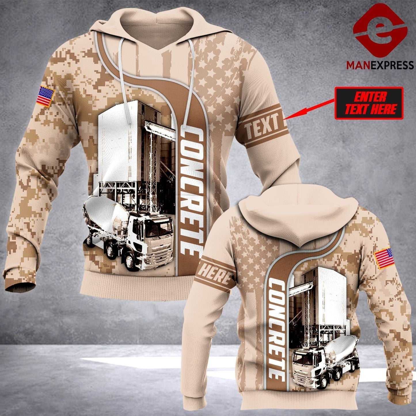 Concrete finisher hoodie featuring tan camouflage concrete mixer all-over print