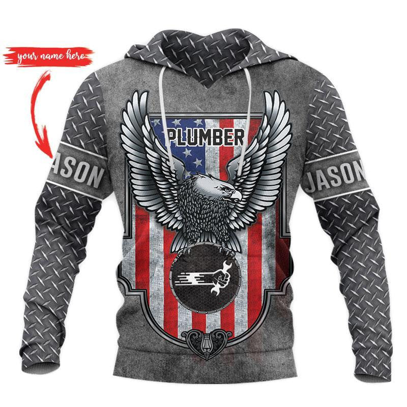 Personalized plumber hoodie featuring grey american eagle shield all-over print