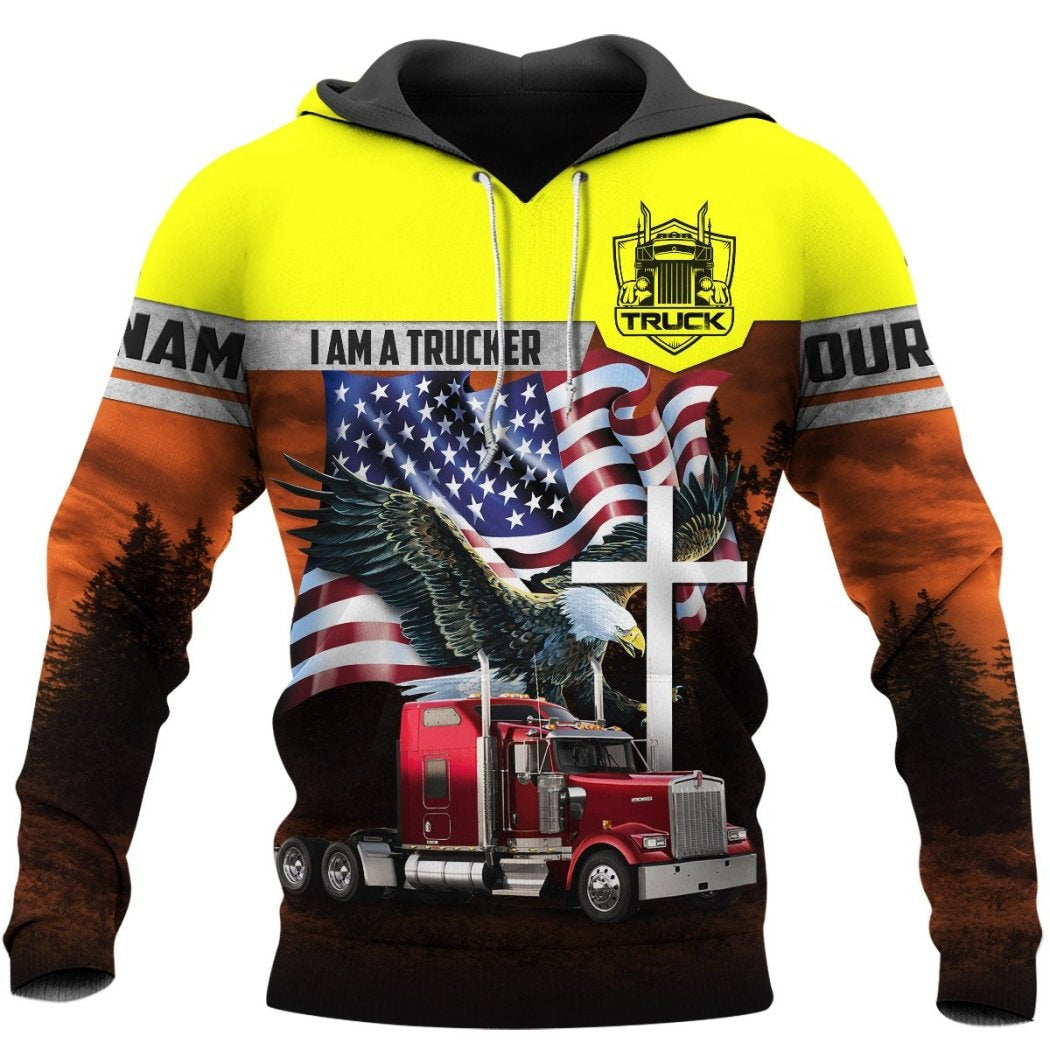 Personalized trucker hoodie featuring yellow trucker eagle flag all-over print