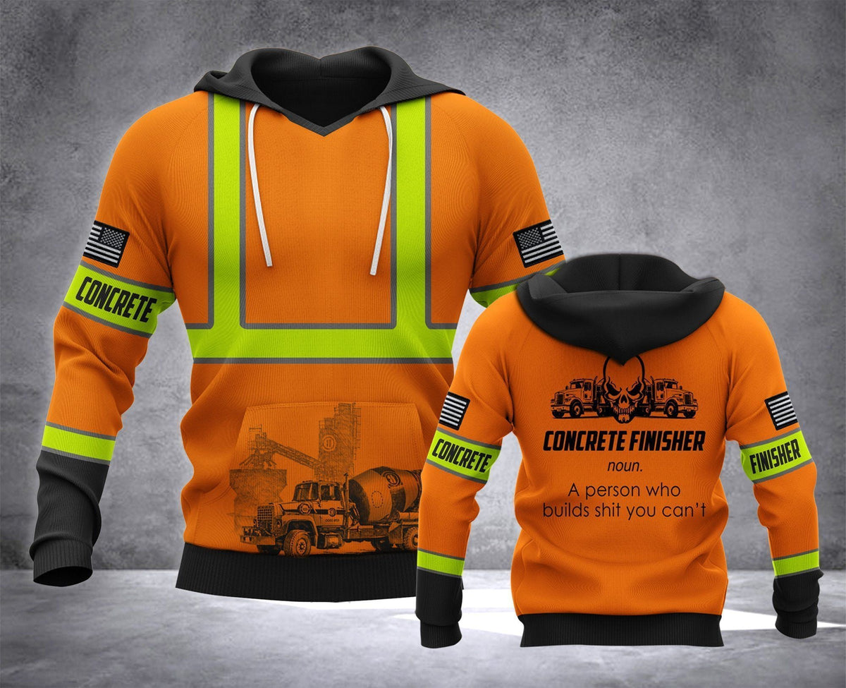 Concrete finisher hoodie featuring orange vest print and concrete finisher back lettering all-over print