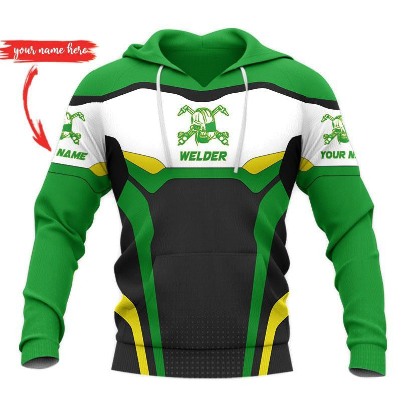 Personalized welder hoodie featuring green white welding badge all-over print