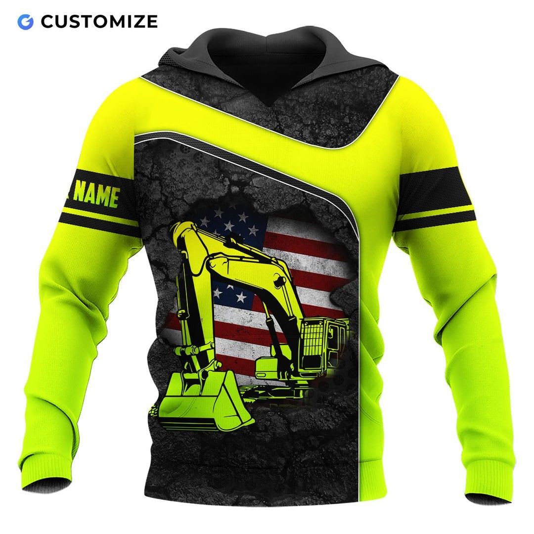 Personalized excavator operator hoodie featuring neon yellow american flag excavator all-over print
