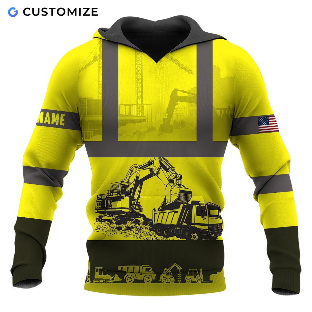 Personalized excavator operator hoodie featuring yellow construction equipment print all-over print