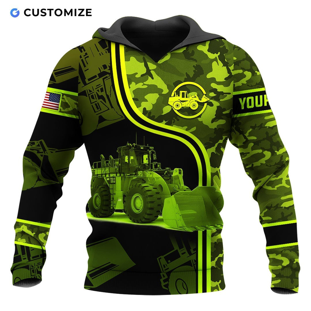 Personalized wheel loader operator hoodie featuring green camo wheel loader all-over print