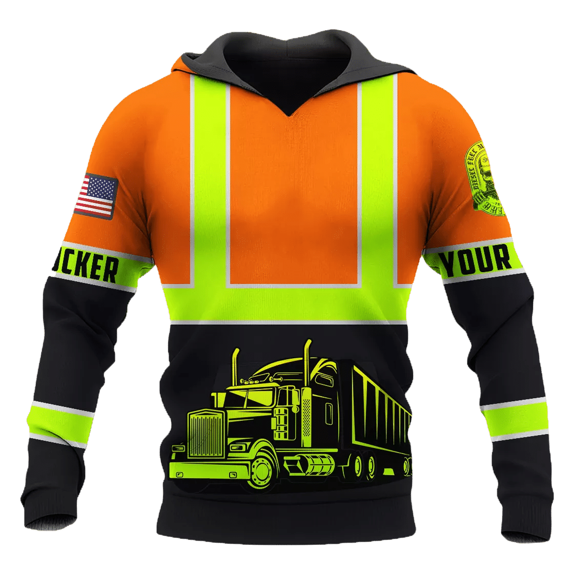 Personalized trucker hoodie featuring orange black stripe semi truck all-over print