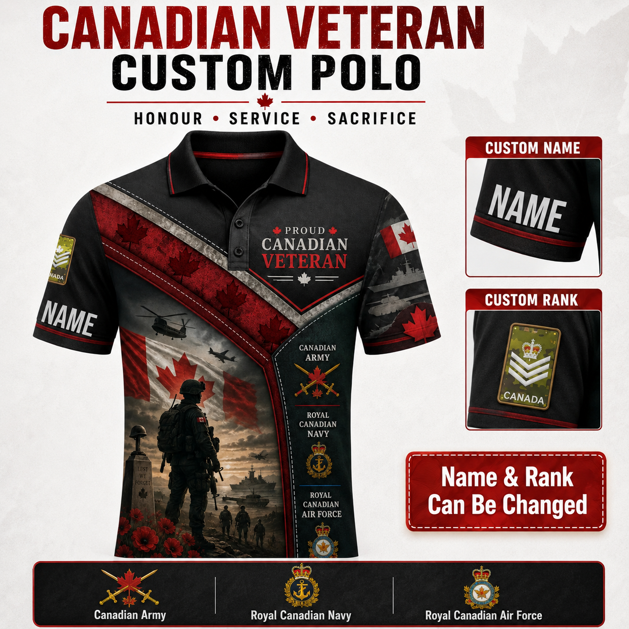 Personalized Canada Soldier/Veteran with Name and Rank Polo All Over Printed - QK1779753613