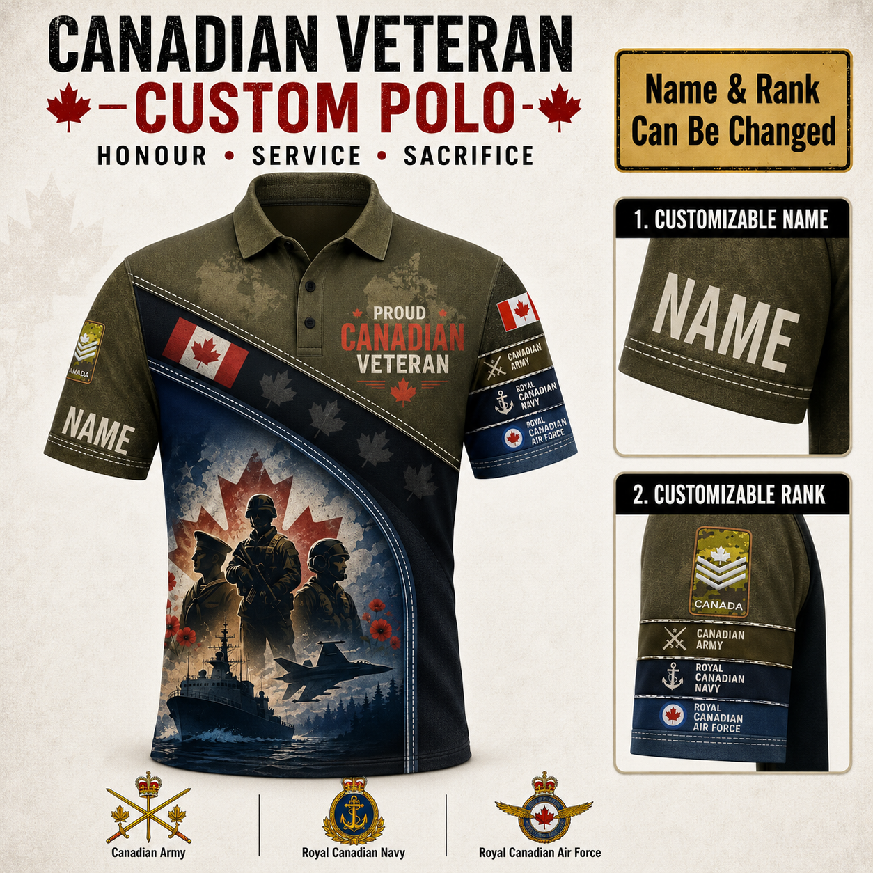Personalized Canada Soldier/Veteran with Name and Rank Polo All Over Printed - QK1779753610