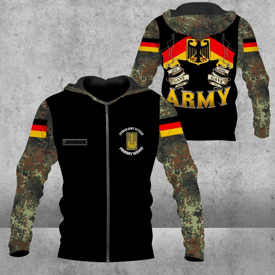Personalisierter Kapuzenpullover mit 3D-Druck für deutsche Soldaten/Veteranen im Camouflage-Muster mit Namen und Rang – 2812220010