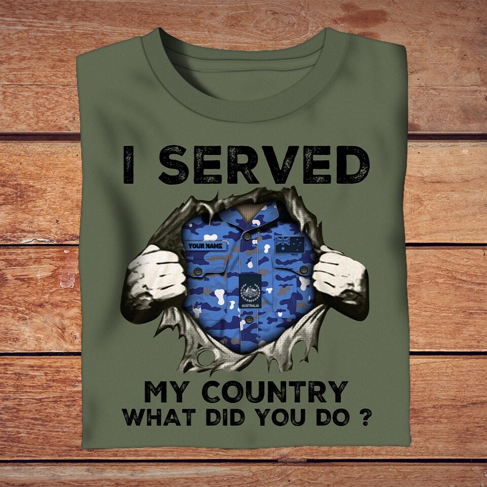 Personalisiertes T-Shirt mit Camouflage-Muster für australische Soldaten/Veteranen mit Namen und Rang – „I Served My Country“ – 1302230001