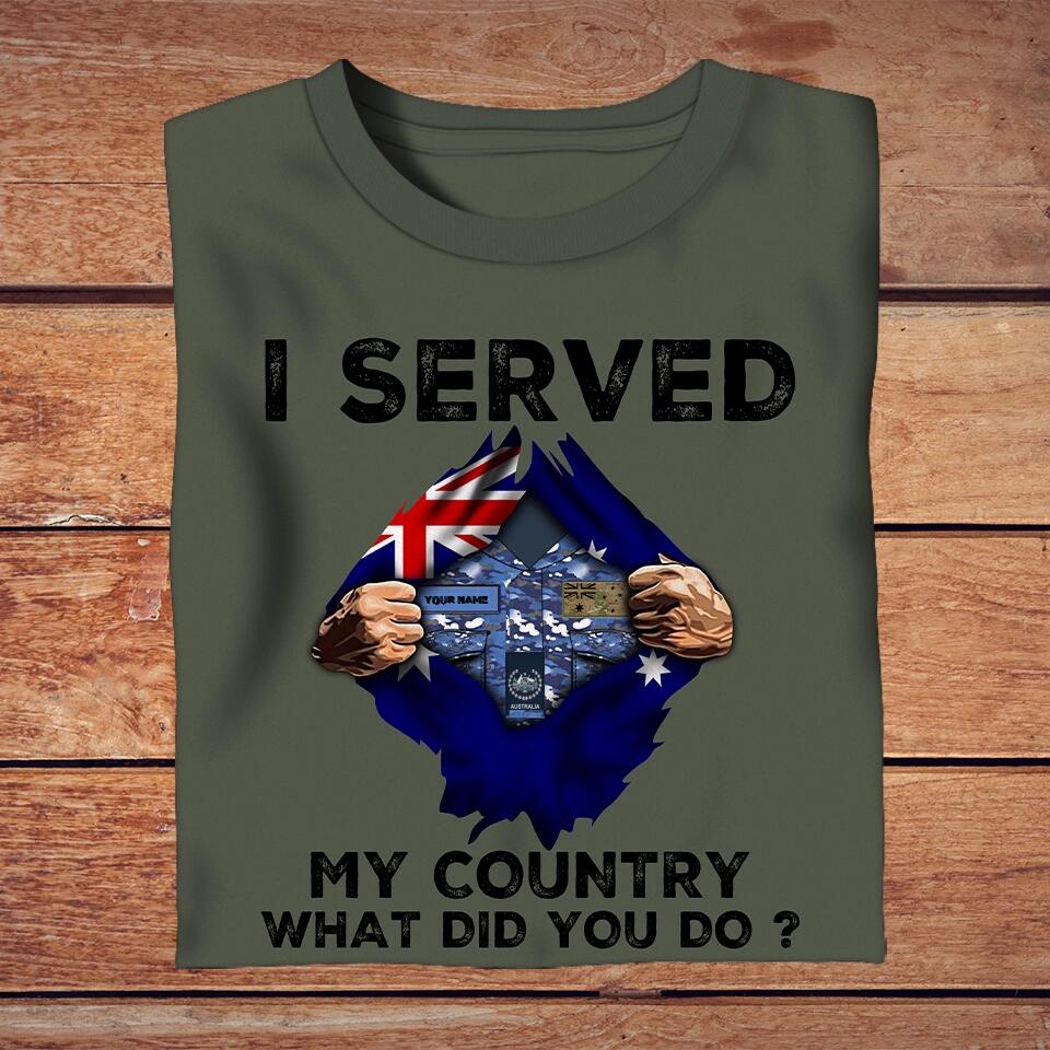 Personalisiertes T-Shirt für australische Soldaten/Veteranen im Camouflage-Stil mit Namen und Rang – „Ich habe meinem Land gedient“ – 1702230001