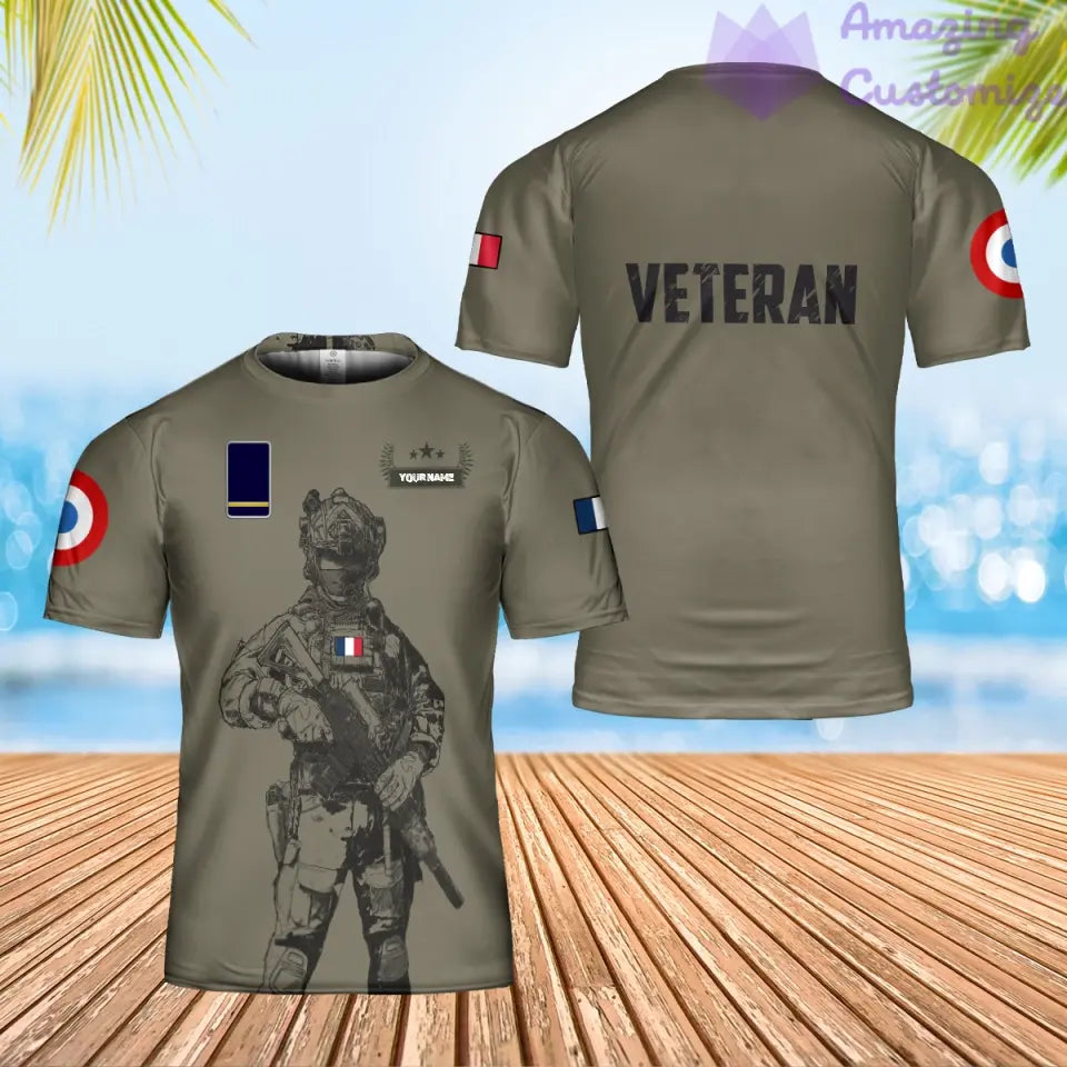 T-shirt personnalisé avec camouflage soldat/vétéran de la France avec nom et grade imprimé en 3D - 0202240001