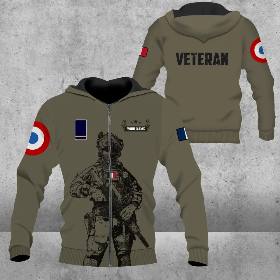 Sweat à capuche personnalisé avec nom et grade de soldat/vétéran de la France - 1686614401