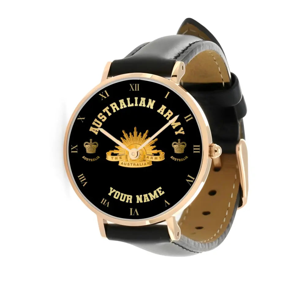Personalized Australian Soldier/ Veteran With Name And Rank Black Stitched Leather Watch - 17098560 - Gold Version