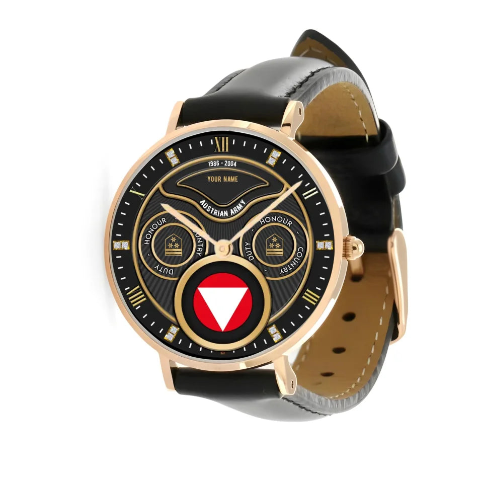 Personalized Austria Soldier/ Veteran With Name, Rank and Year Black Stitched Leather Watch - 17286660 - Gold Version