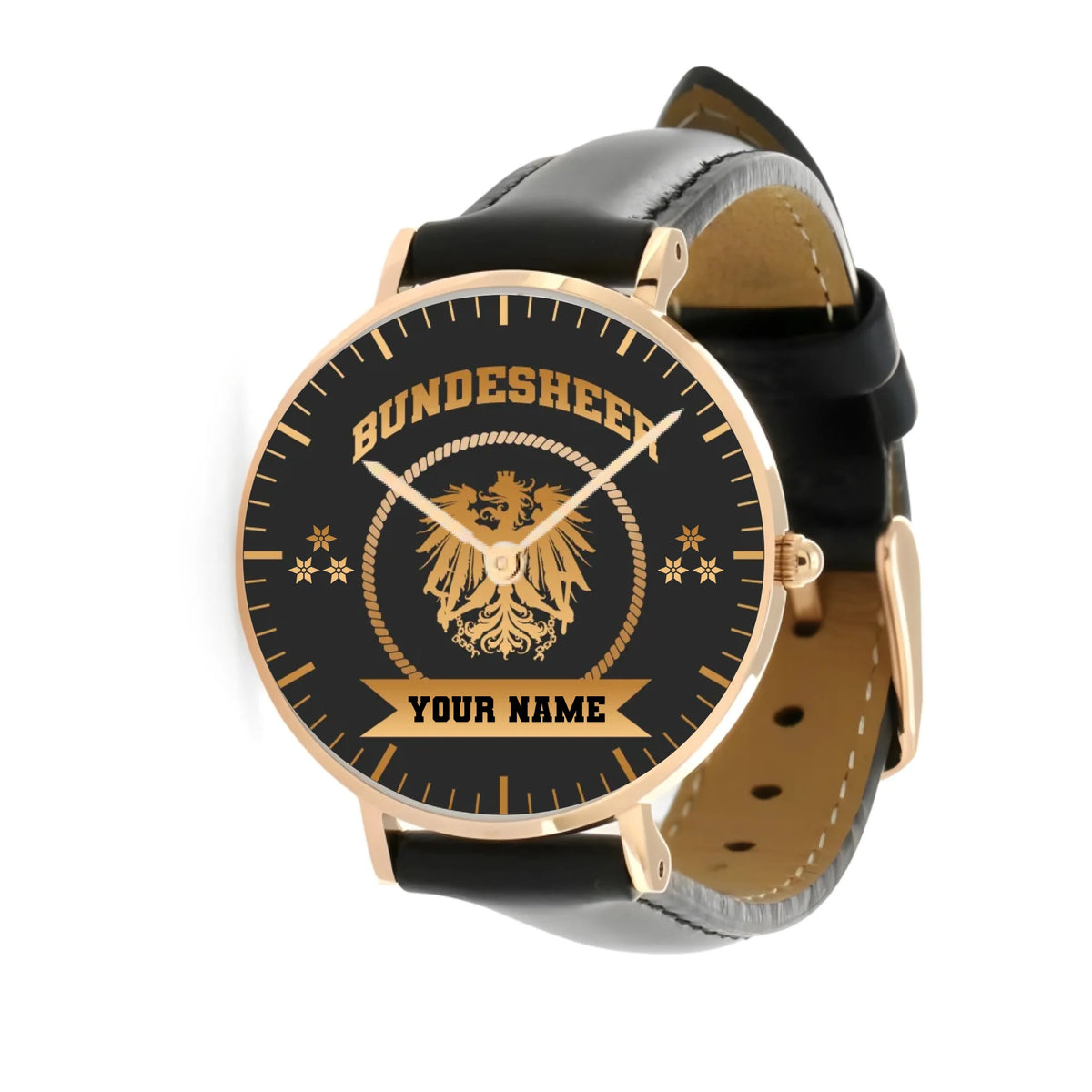 Personalized Austria Soldier/ Veteran With Name, Rank and Black Stitched Leather Watch - 17424288 - Gold Version
