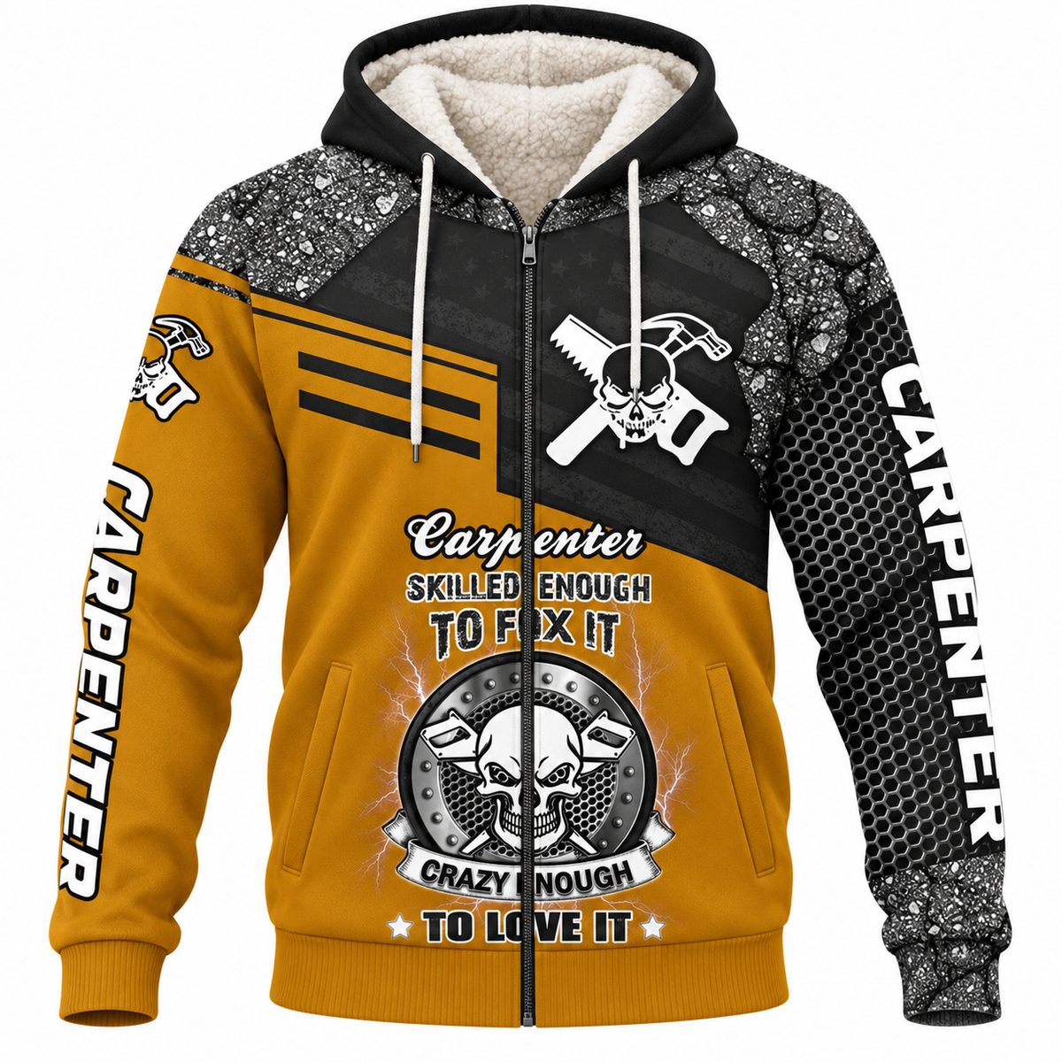 Personalized Carpenter Fleece Zip Hoodie - Yellow Black Carpenter Skull Quote - front view