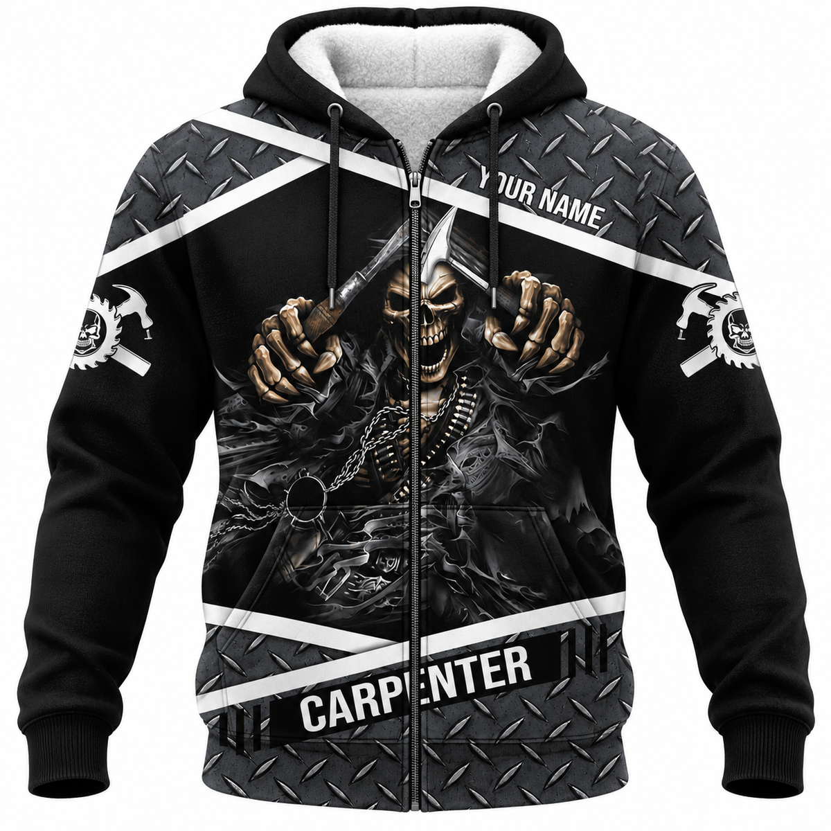 Personalized Carpenter Fleece Zip Hoodie - Black Grey Hooded Skull - front view