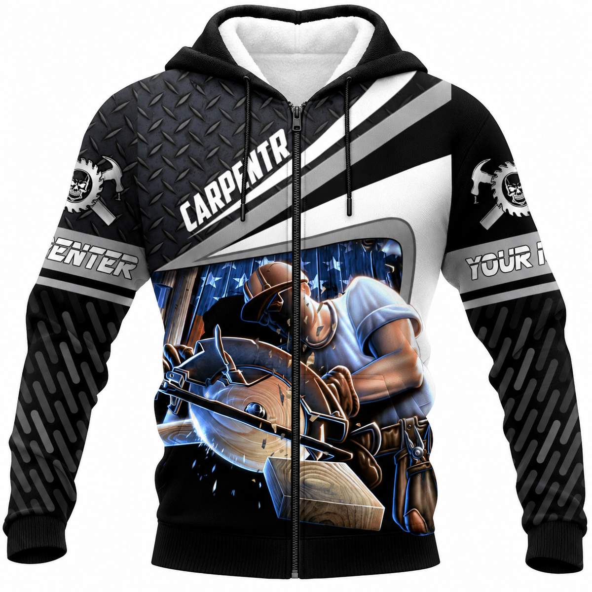 Personalized Carpenter Fleece Zip Hoodie - Black Grey Diagonal Stripes Circular Saw - front view