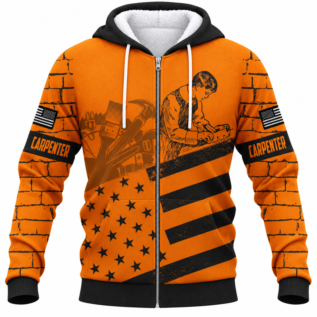 Personalized Carpenter Fleece Zip Hoodie - Orange Brickwork American Flag - front view
