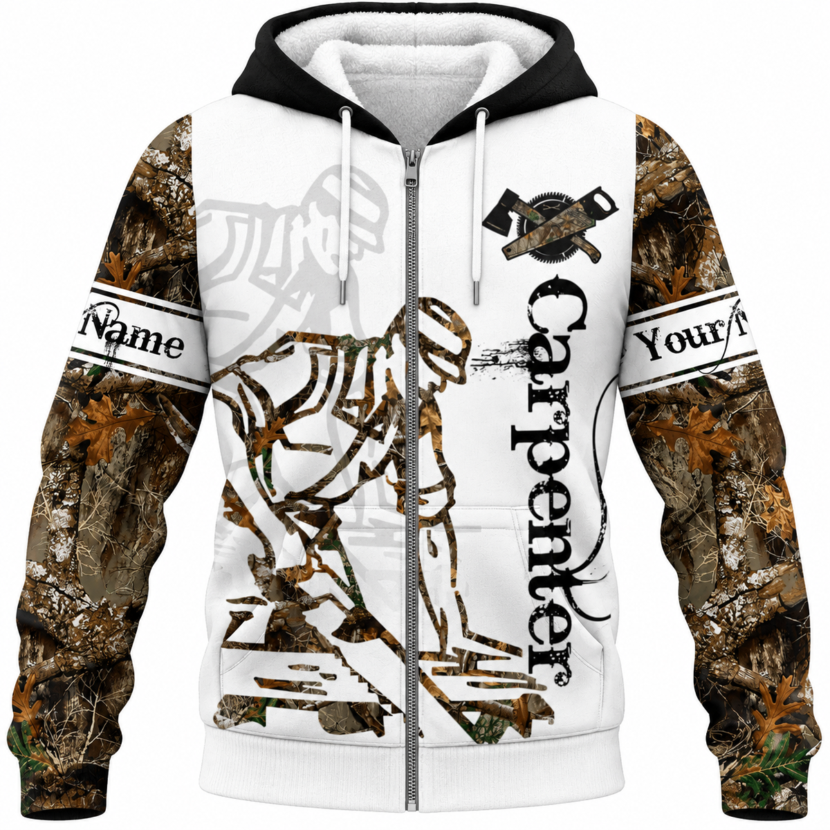Personalized Carpenter Fleece Zip Hoodie - White Camouflage Woodworker - front view