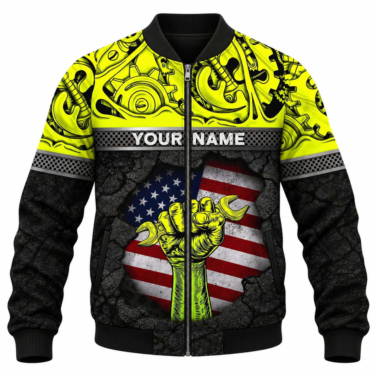 Personalized Mechanic Bomber Jacket - Yellow Gears Wrench Fist American Flag - front view