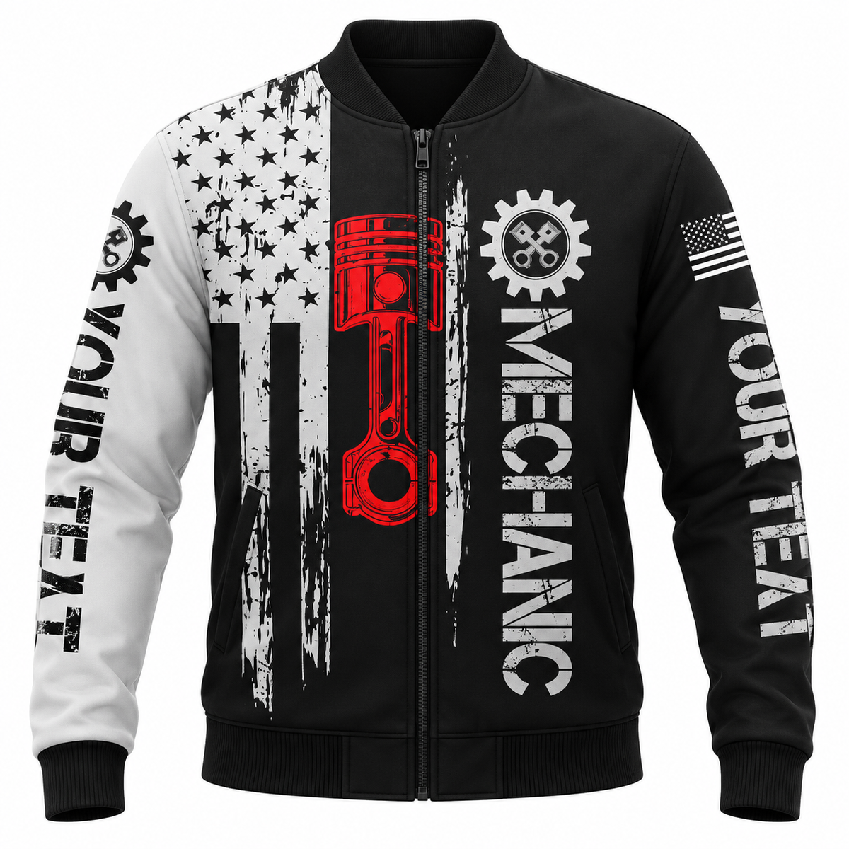 Personalized Mechanic Bomber Jacket - Black White Tools Red Wrench - front view