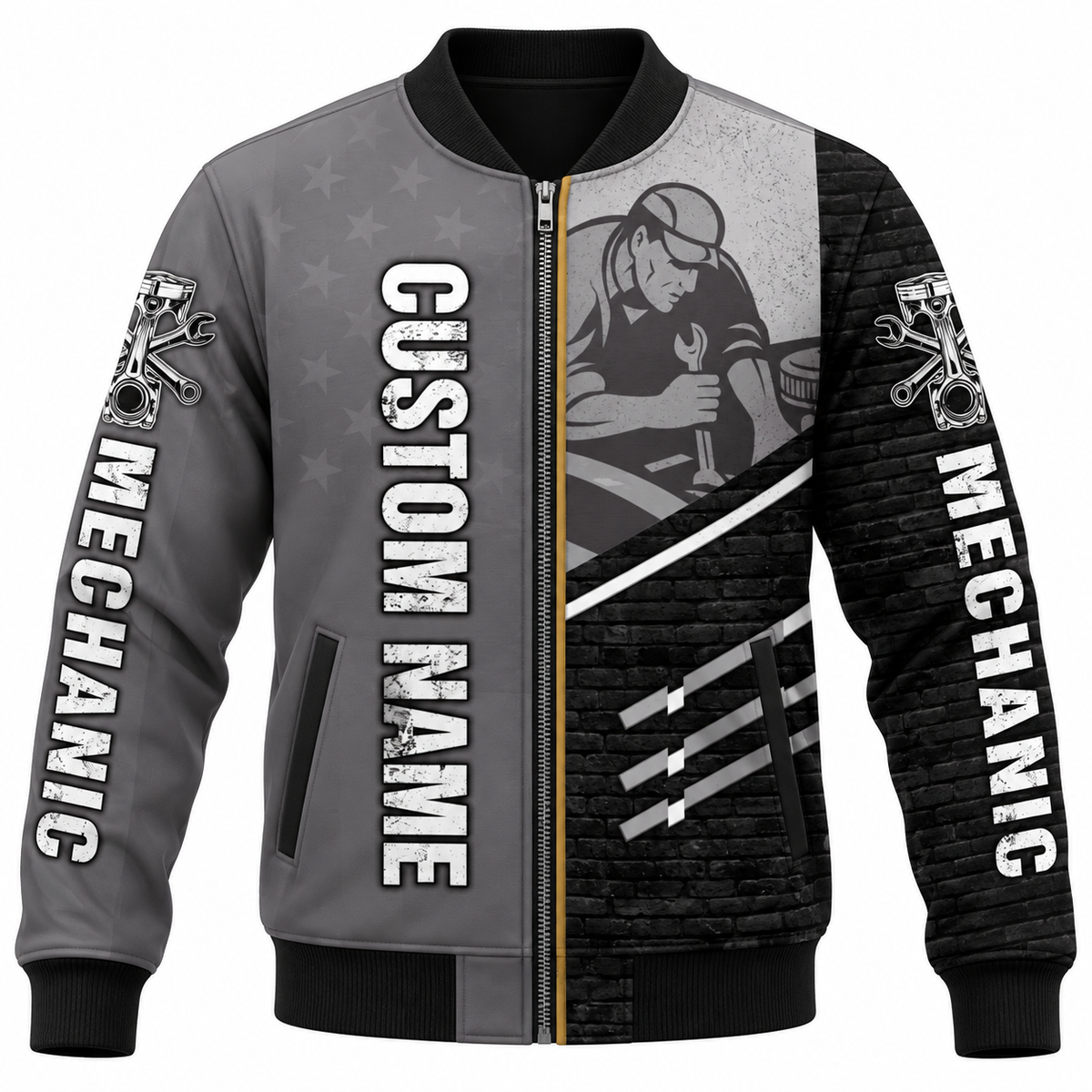 Personalized Mechanic Bomber Jacket - Grey Black Mechanic At Work - front view