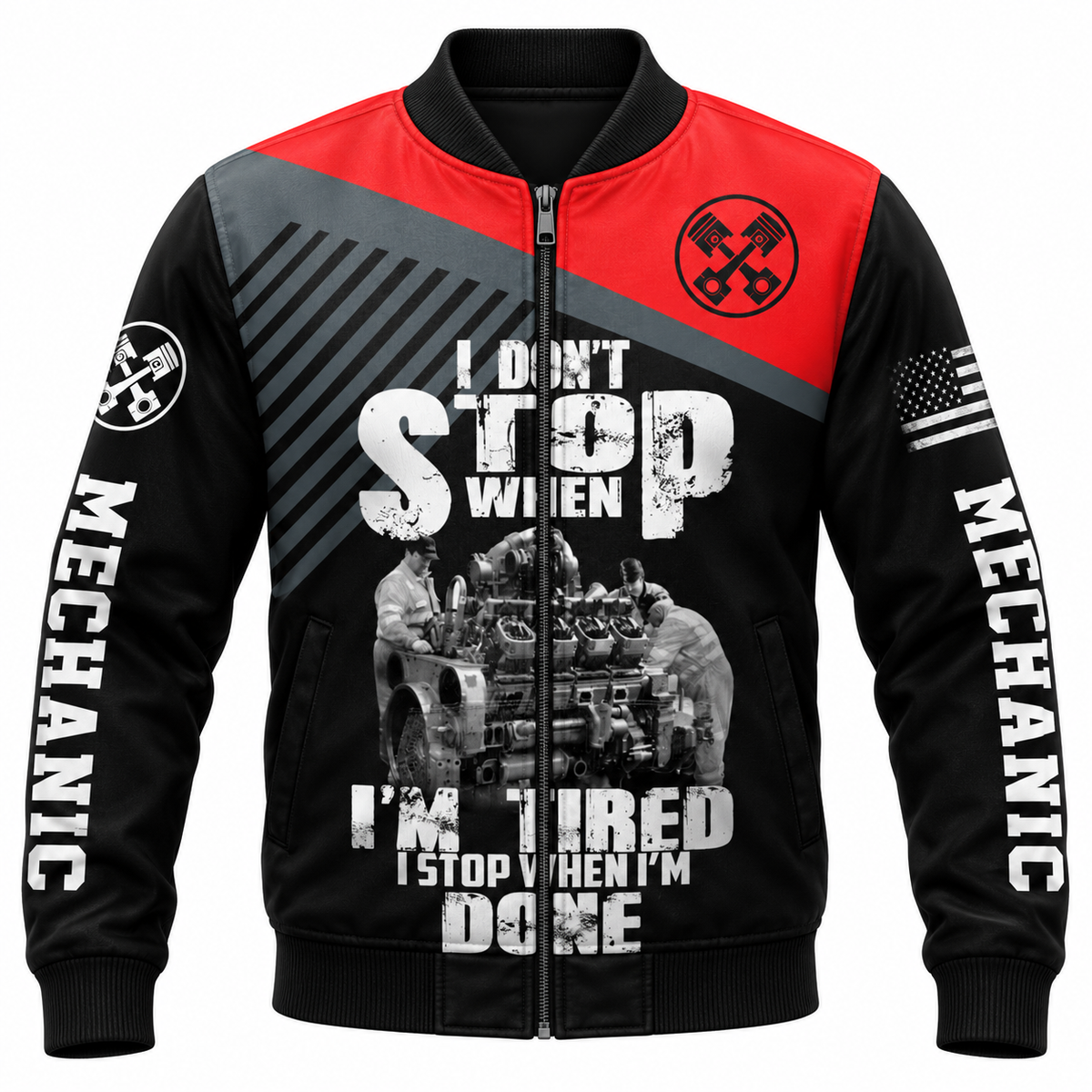 Personalized Mechanic Bomber Jacket - Red Black Mechanic Work Quote - front view