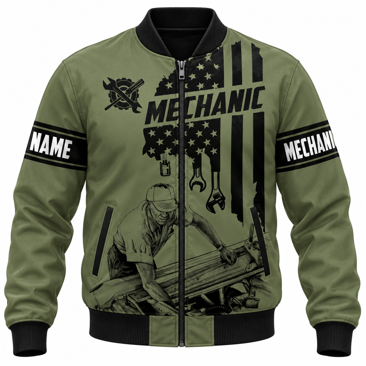 Personalized Mechanic Bomber Jacket - Olive Green American Flag Mechanic - front view