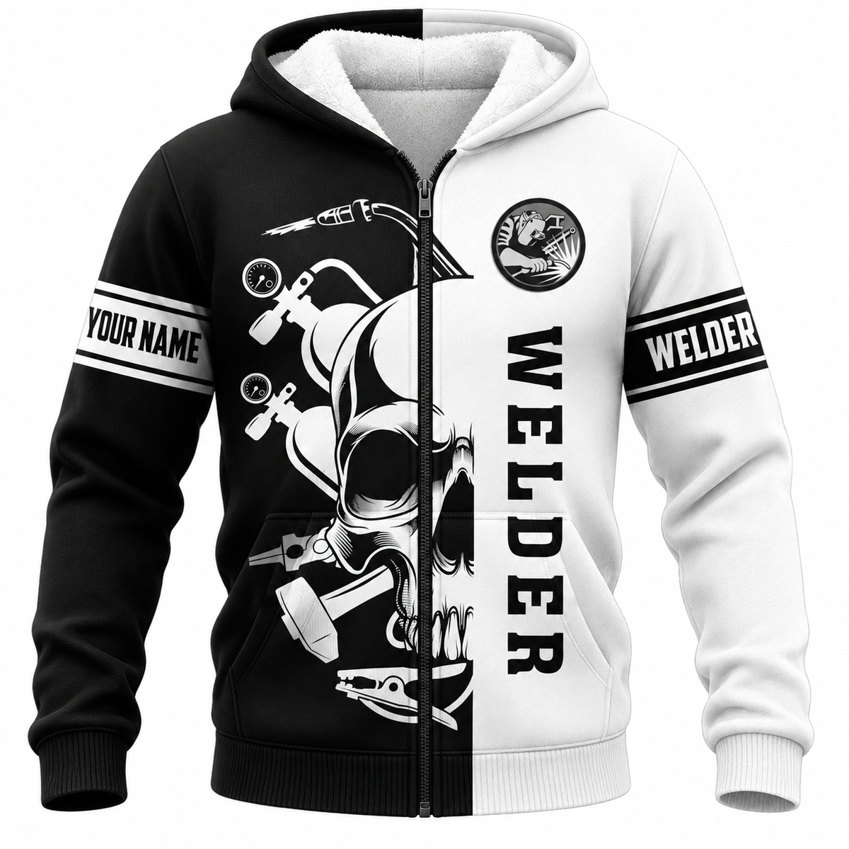 Personalized Welder Fleece Zip Hoodie - Black White Welder Skull - front view